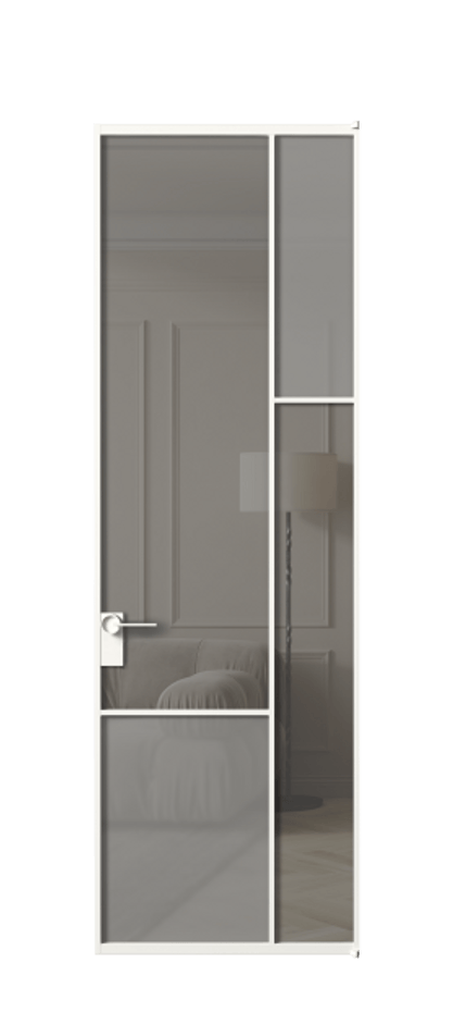 Межкомнатная дверь Mosaic АЛПЛ041.12 Алюминий Белый Сатинированное серое стекло, триплекс, 6 мм + Прозрачное серое стекло, триплекс Цена 8340 AZE | Volhovec