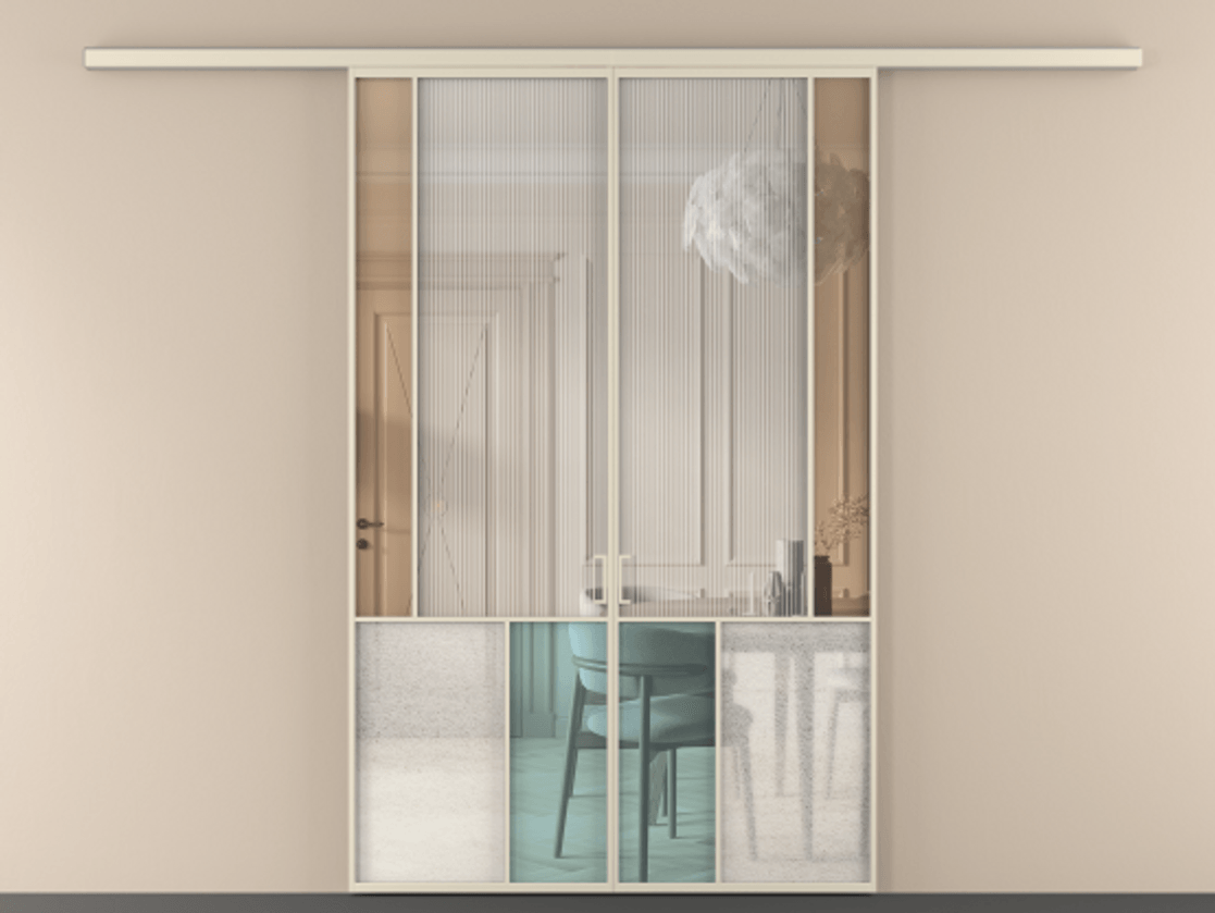 Перегородка Mosaic вдоль стены двустворчатая АЛПР 041.21 Алюминий бежево-серый Комбинация стекол Группы 1 и Группы 3 Цена 14400 AZE | Volhovec