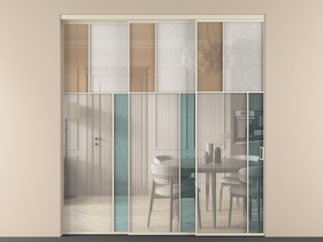 Перегородка Mosaic внутри проёма телескопик синхро 2 АЛПР 041.23 Алюминий бежево-серый Комбинация стекол Группы 1 и Группы 3 Цена 23700 AZE | Volhovec