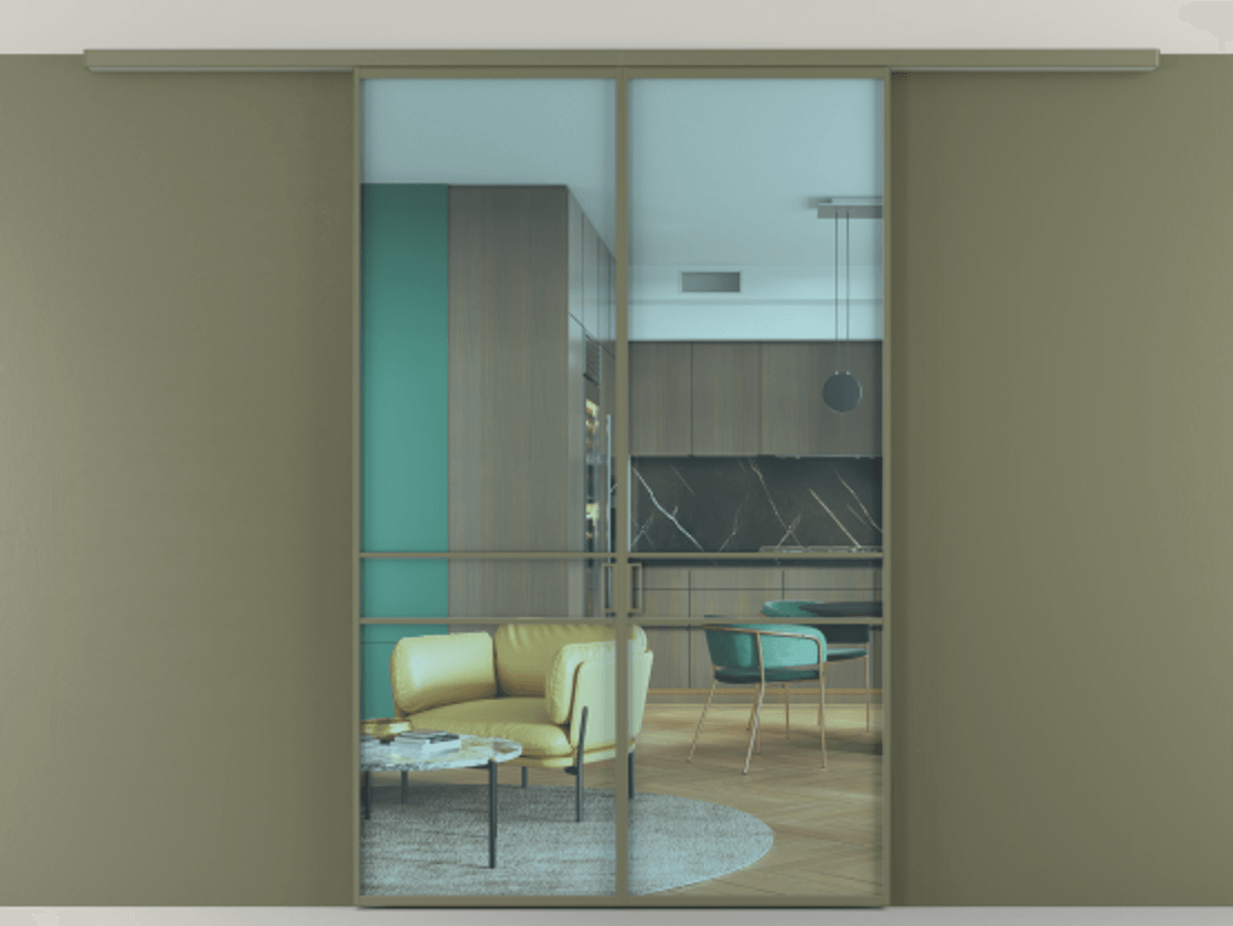 Перегородка Формато вдоль стены на потолок 2 створки АЛПР 040.02 Алюминий оливковый тёмный Прозрачное голубое стекло, триплекс Цена 186615 ₽ | Volhovec