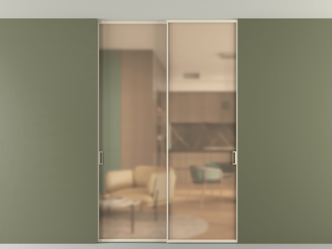 Межкомнатная дверь New Перегородка Formato внутри проёма двустворчатая со скрытым креплением в потолок АЛПР 040.01 Алюминий бежево-серый Сатинированное оранжевое стекло, триплекс Цена 12900  | Volhovec