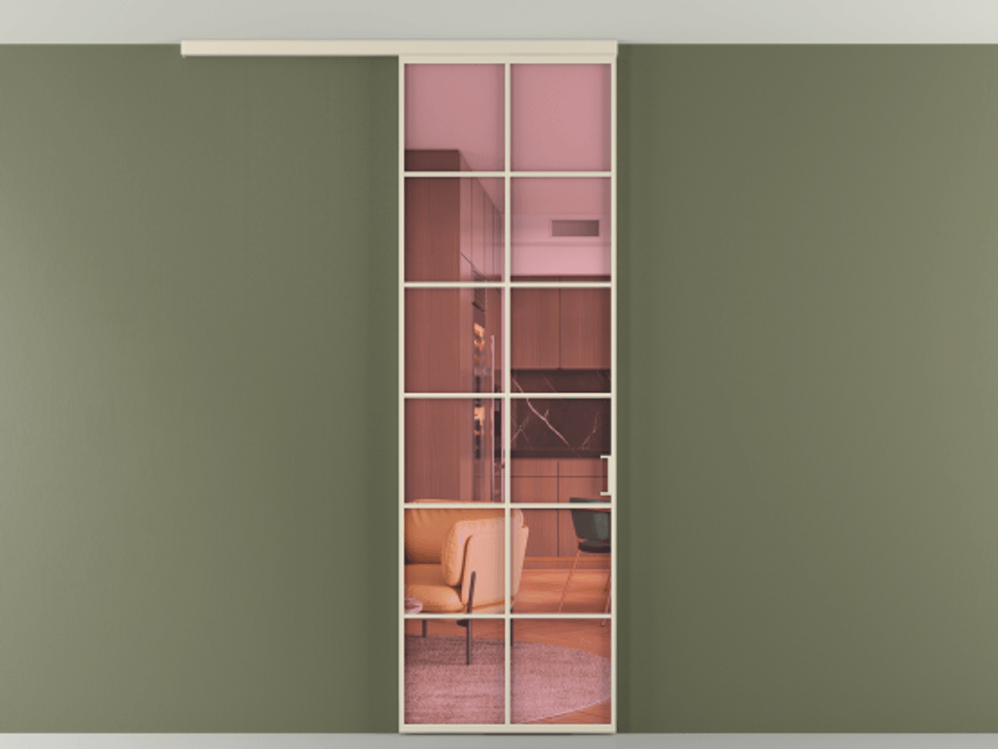 Межкомнатная дверь New Перегородка Formato вдоль стены на потолок одностворчатая АЛПР 040.05 Алюминий бежево-серый Прозрачное розовое стекло, триплекс Цена 5600  | Volhovec