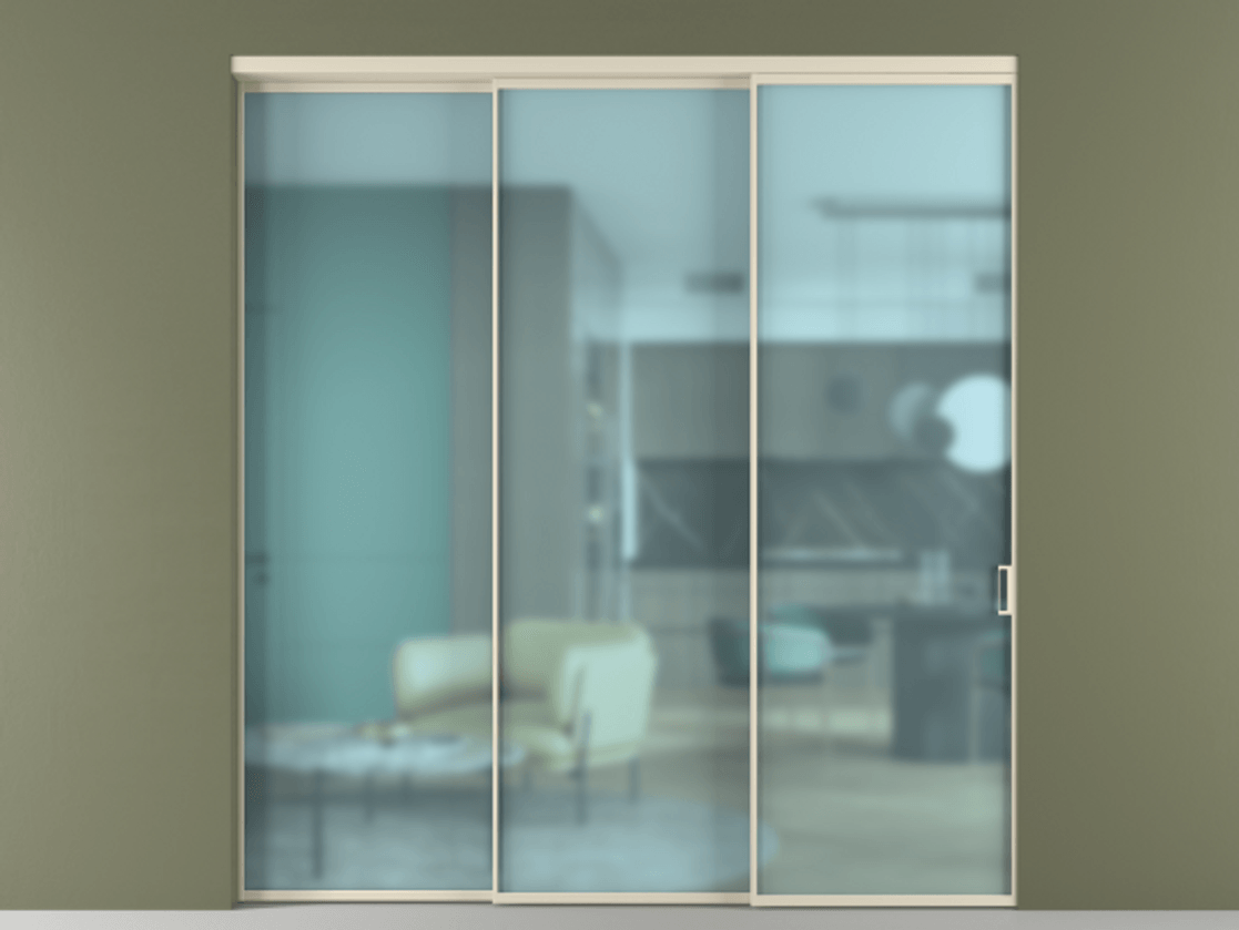 Межкомнатная дверь New Перегородка Formato внутри проёма телескопик синхро 2 АЛПР 040.01 Алюминий бежево-серый Сатинированное голубое стекло, триплекс Цена 17300  | Volhovec