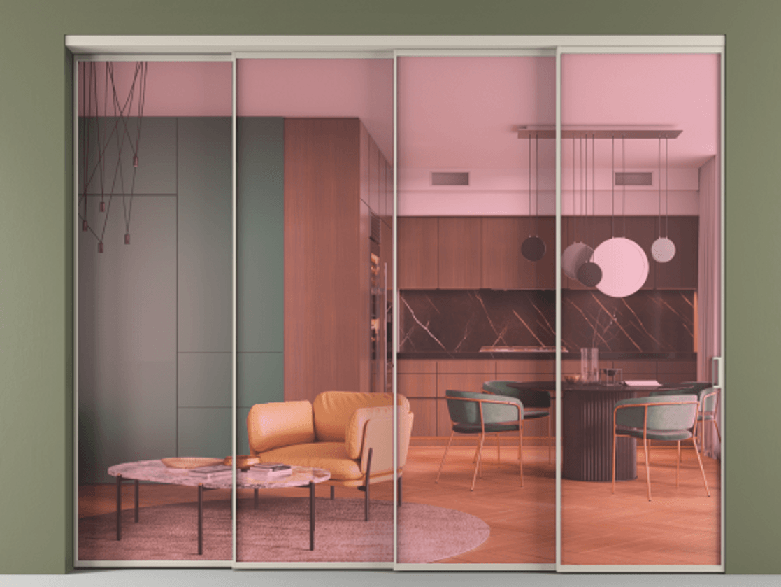 Перегородка Formato внутри проёма телескопик синхро 3 АЛПР 040.01 Алюминий светло-бежевый Прозрачное розовое стекло, триплекс Цена 23300 AZE | Volhovec