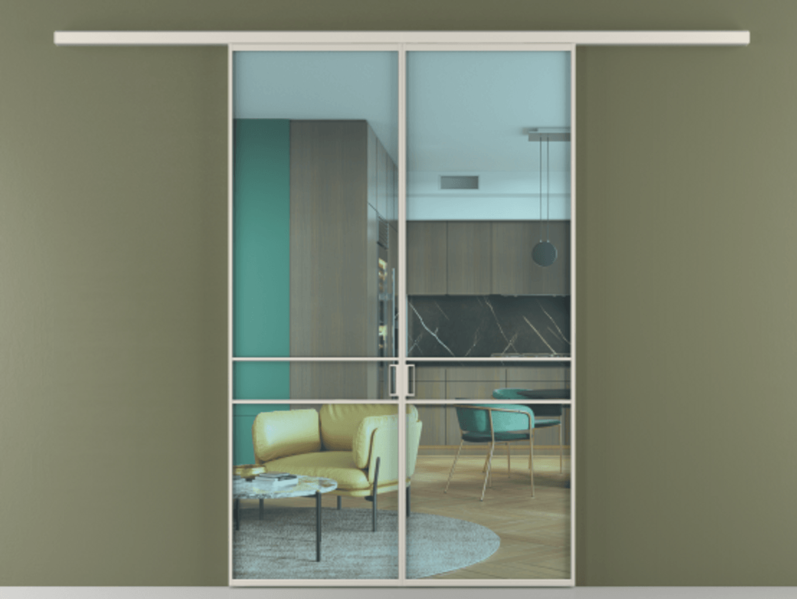 Перегородка Formato вдоль стены двустворчатая АЛПР 040.02 Алюминий облачно-серый Прозрачное голубое стекло, триплекс Цена 10600 AZE | Volhovec