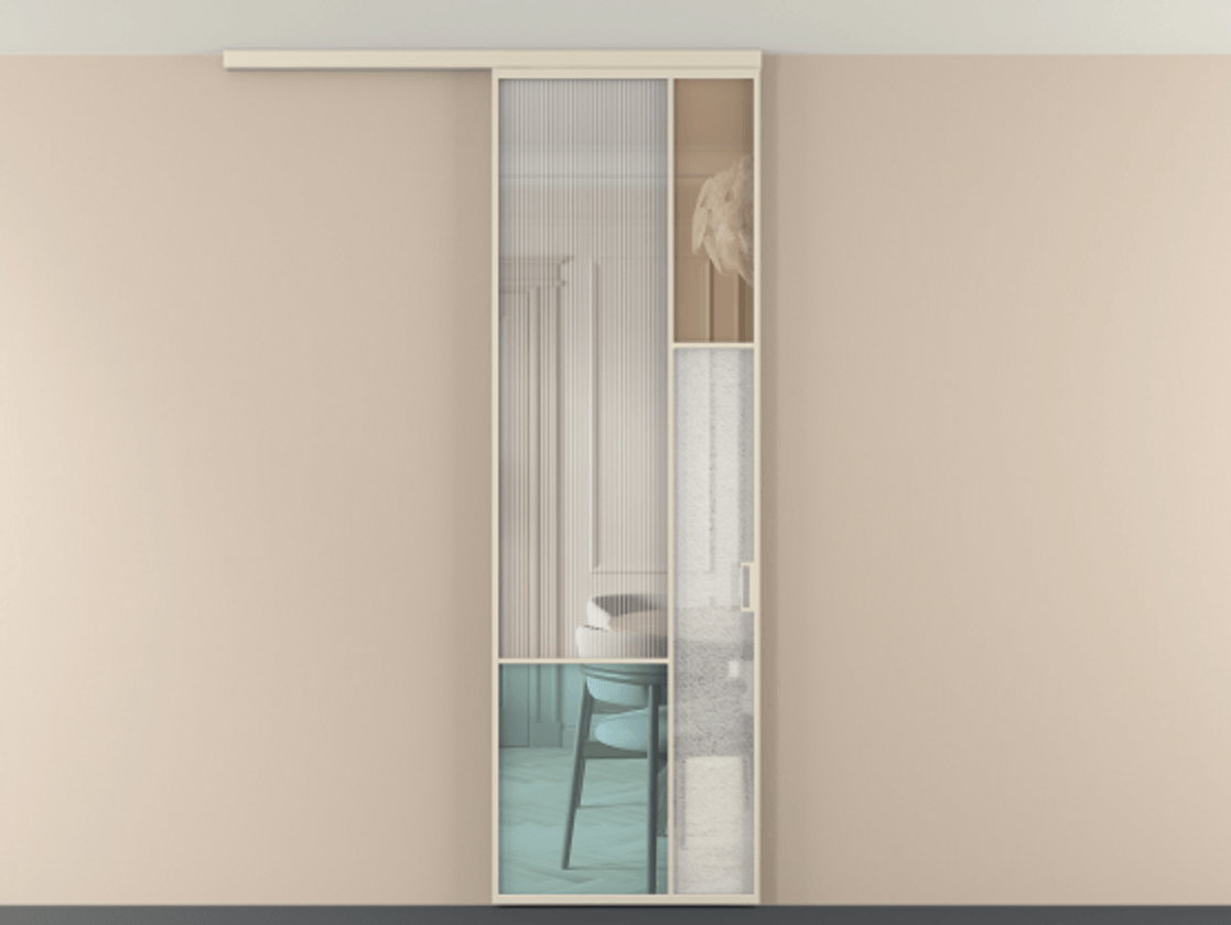 Перегородка Mosaic вдоль стены на потолок одностворчатая АЛПР 041.12 Алюминий бежево-серый Комбинация стекол Группы 1 и Группы 3 Цена 7400 AZE | Volhovec