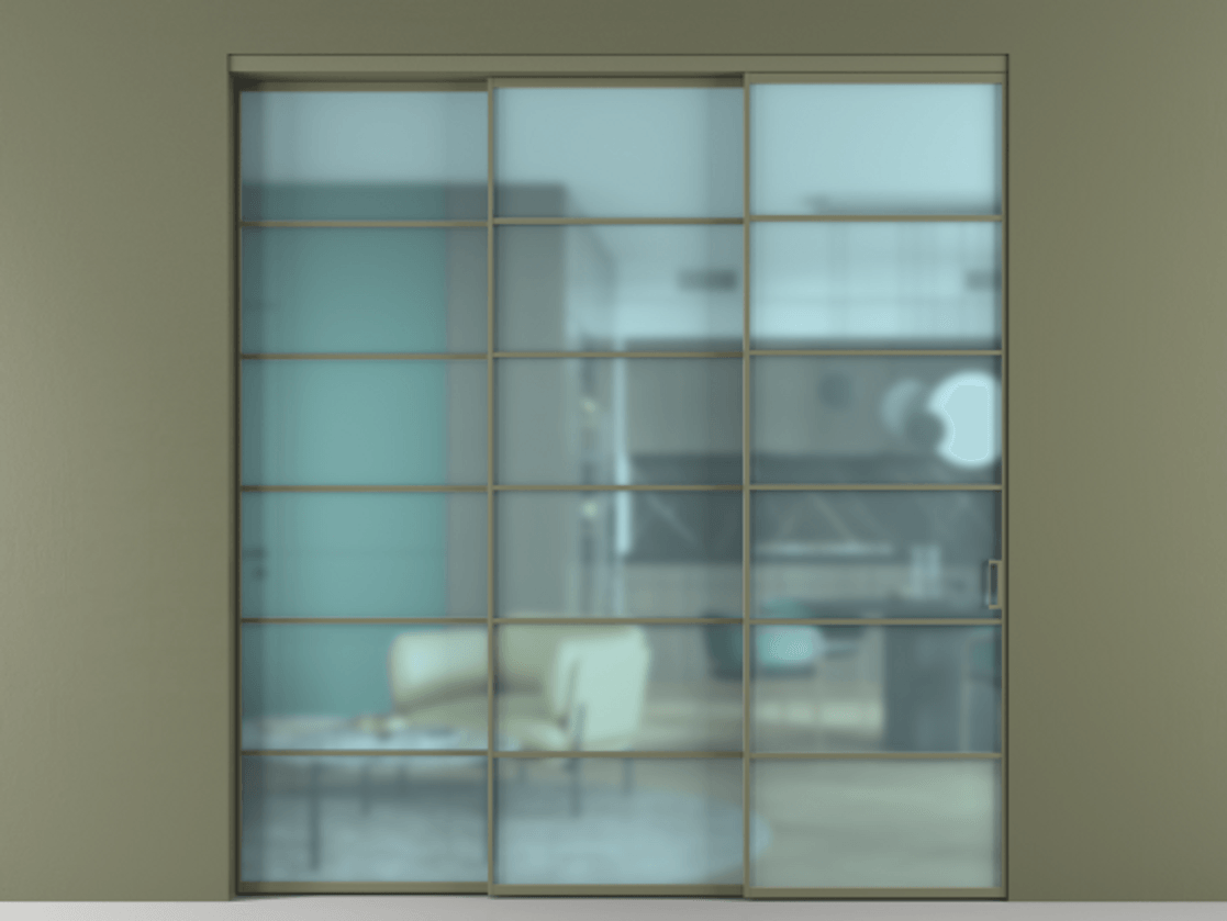 Перегородка Формато внутри проёма 3 створки с синхронным механизмом АЛПР 040.04 Алюминий оливковый тёмный Сатинированное голубое стекло, триплекс Цена 350825 ₽  | Volhovec