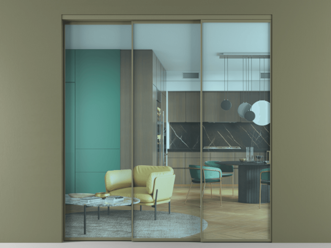 Перегородка Formato внутри проёма телескопик синхро 2 АЛПР 040.01 Алюминий оливковый тёмный Прозрачное голубое стекло, триплекс Цена 17300 AZE  | Volhovec