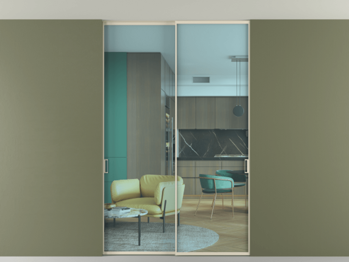 Межкомнатная дверь New Перегородка Formato внутри проёма двустворчатая со скрытым креплением в потолок АЛПР 040.01 Алюминий бежево-серый Прозрачное голубое стекло, триплекс Цена 12900  | Volhovec