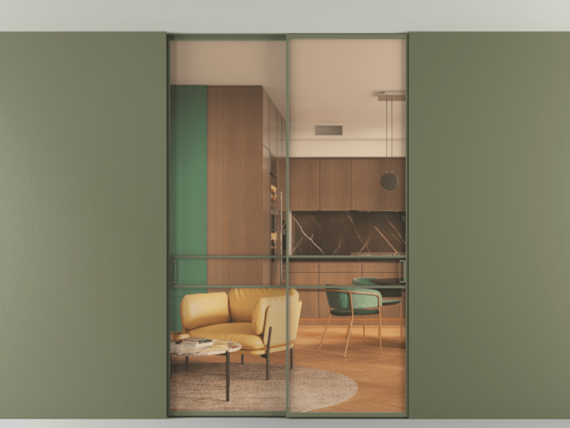 Перегородка Формато внутри проёма скрытое крепление в потолок 2 створки АЛПР 040.02 Алюминий оливковый тёмный Прозрачное оранжевое стекло, триплекс Цена 248215 ₽ | Volhovec