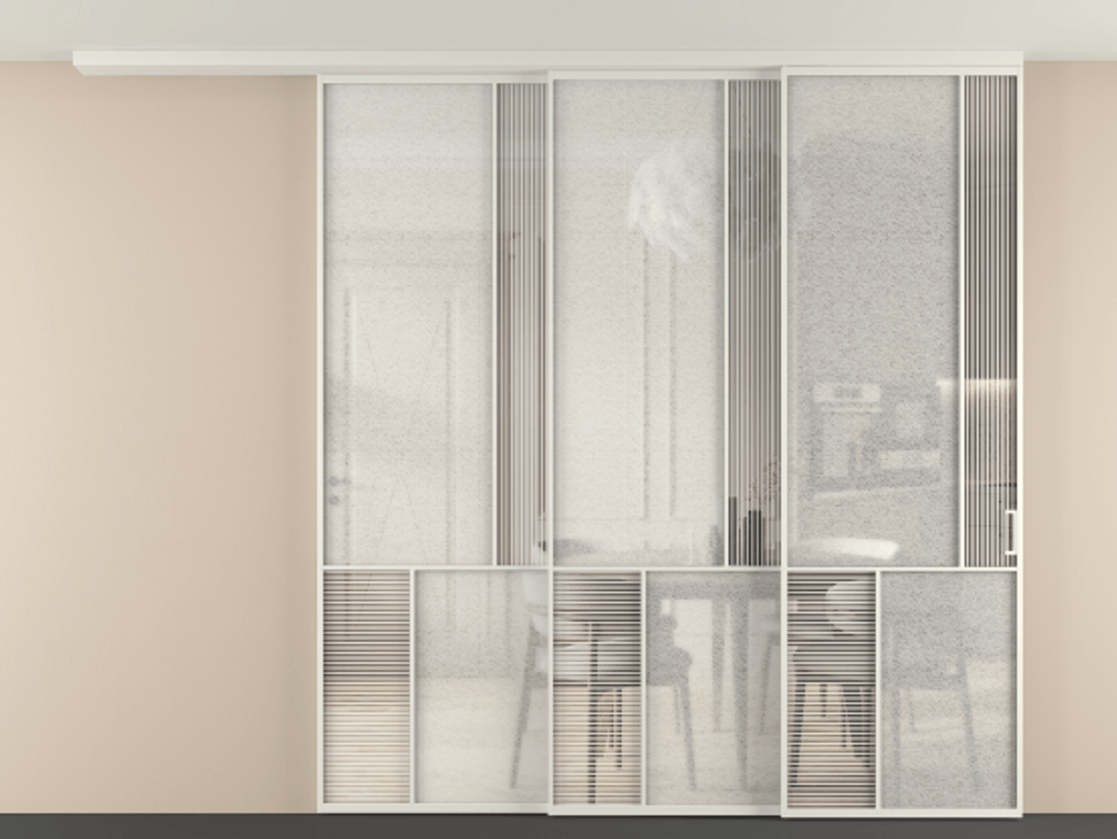 Перегородка Мозаик вдоль стены на потолок 3 створки с синхронным механизмом АЛПР 041.21 Алюминий Белый Рифлёное стекло "Дюна", триплекс, 6 мм + Фактурное стекло "Лёд", триплекс. Скрытый короб БЕЛ Цена 498680 ₽ . Фабрика дверей Волховец 8 (800) 551 43 19 Перегородка Мозаик вдоль стены на потолок 3 створки с синхронным механизмом АЛПР 041.21 Алюминий Белый Рифлёное стекло "Дюна", триплекс, 6 мм + Фактурное стекло "Лёд", триплекс Цена 498680 ₽ | Volhovec