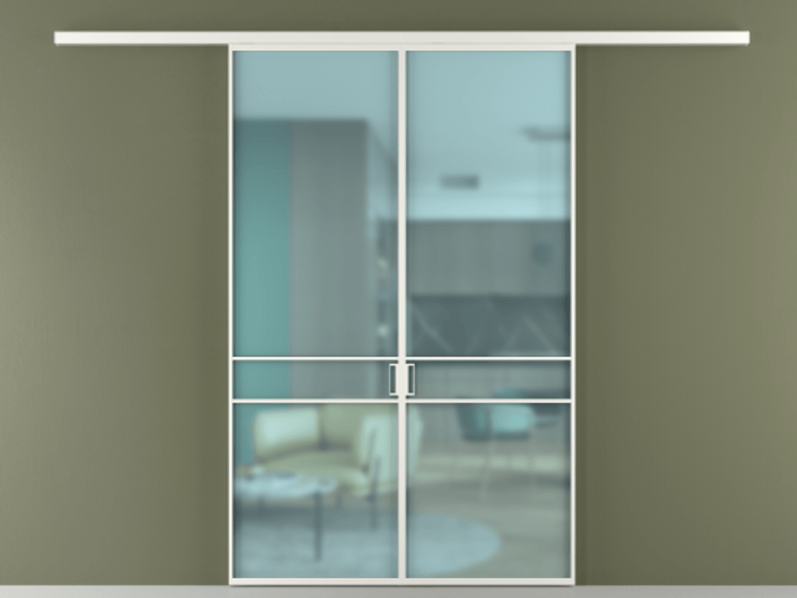 Межкомнатная дверь New Перегородка Formato вдоль стены двустворчатая АЛПР 040.02 Алюминий светло-серый Сатинированное голубое стекло, триплекс Цена 10600  | Volhovec