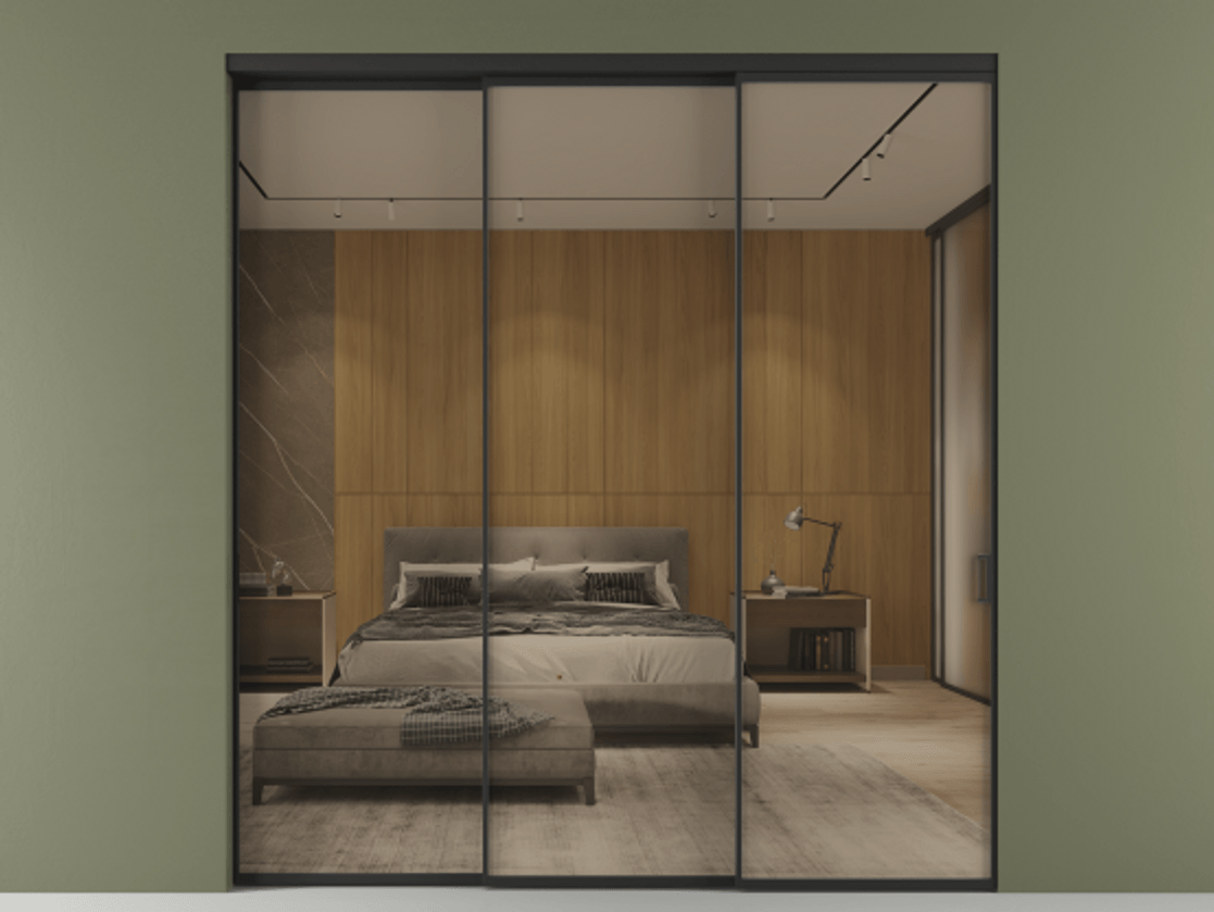 Перегородка Formato внутри проёма телескопик синхро 2 АЛПР 040.01 Алюминий Черный Рефлективное бронзовое стекло "Stopsol", калёное Цена 19800 AZE  | Volhovec