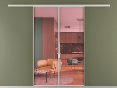 Алюминевая перегородка vd2_01_ Алюминий тёплый серый Прозрачное розовое стекло, триплекс, 6мм. Цвет Алюминий тёплый серый. Материал Алюминий в эмали. Коллекция Перегородка Formato вдоль стены двустворчатая. Картинка.