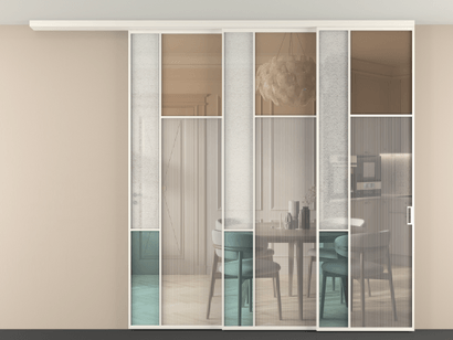 Алюминевая перегородка vdt3_5 Алюминий пудровый белый Четыре стекла. Цвет Алюминий пудровый белый. Материал Алюминий в эмали. Коллекция Перегородка Mosaic вдоль стены телескопик синхро 3. Картинка.