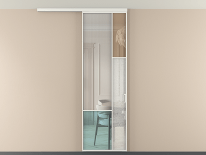 Алюминевая перегородка vdp1_8 Алюминий светло-серый Четыре стекла. Цвет Алюминий светло-серый. Материал Алюминий в эмали. Коллекция Перегородка Mosaic вдоль стены на потолок одностворчатая. Картинка.