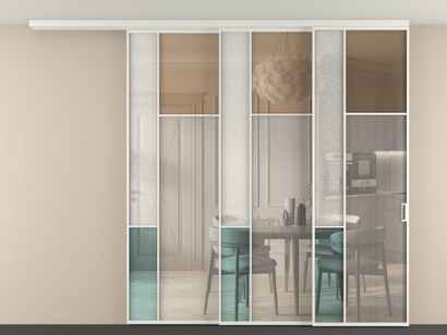 Алюминевая перегородка vdt3_5 Алюминий светло-серый Четыре стекла. Цвет Алюминий светло-серый. Материал Алюминий в эмали. Коллекция Перегородка Mosaic вдоль стены телескопик синхро 3. Картинка.