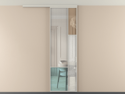 Алюминевая перегородка vdp1_8 Алюминий тёплый серый Четыре стекла. Цвет Алюминий тёплый серый. Материал Алюминий в эмали. Коллекция Перегородка Mosaic вдоль стены на потолок одностворчатая. Картинка.