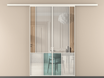 Алюминевая перегородка vd2_3 Алюминий пудровый белый Четыре стекла. Цвет Алюминий пудровый белый. Материал Алюминий в эмали. Коллекция Перегородка Mosaic вдоль стены двустворчатая. Картинка.