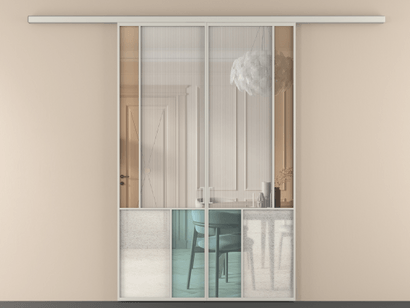 Алюминевая перегородка vd2_3 Алюминий тёплый серый Четыре стекла. Цвет Алюминий тёплый серый. Материал Алюминий в эмали. Коллекция Перегородка Mosaic вдоль стены двустворчатая. Картинка.