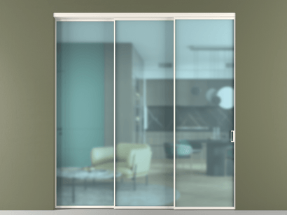 Алюминевая перегородка vn3_01_ Алюминий пудровый белый Сатинированное голубое стекло, триплекс, 6мм. Цвет Алюминий пудровый белый. Материал Алюминий в эмали. Коллекция Перегородка Formato внутри проёма телескопик синхро 2. Картинка.