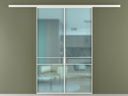 Алюминевая перегородка vd2_02_ Алюминий светло-серый Сатинированное голубое стекло, триплекс, 6мм. Цвет Алюминий светло-серый. Материал Алюминий в эмали. Коллекция Перегородка Formato вдоль стены двустворчатая. Картинка.