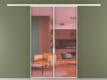 Алюминевая перегородка vd2_01_ Алюминий светло-серый Прозрачное розовое стекло, триплекс, 6мм. Цвет Алюминий светло-серый. Материал Алюминий в эмали. Коллекция Перегородка Formato вдоль стены двустворчатая. Картинка.