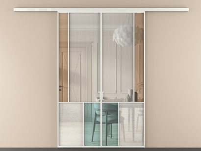 Алюминевая перегородка vd2_3 Алюминий светло-серый Четыре стекла. Цвет Алюминий светло-серый. Материал Алюминий в эмали. Коллекция Перегородка Mosaic вдоль стены двустворчатая. Картинка.