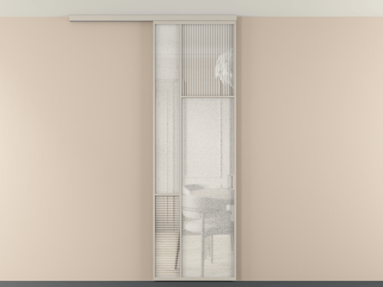 Алюминевая перегородка vdp1_5_АСБЖ_DUNE+LED_new. Цвет Алюминий светло-бежевый. Материал Алюминий в эмали. Коллекция Перегородка Мозаик вдоль стены на потолок 1 створка. Картинка.