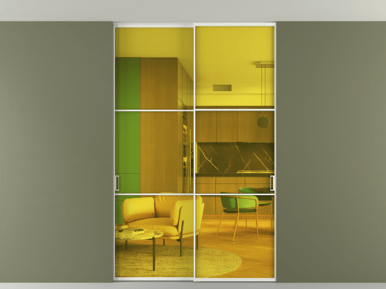 Алюминевая перегородка vn2_03 Алюминий светло-серый Прозрачное жёлтое стекло, триплекс, 6мм. Цвет Алюминий светло-серый. Материал Алюминий в эмали. Коллекция Перегородка Formato внутри проёма скрытое крепление в потолок 2 створки. Картинка.