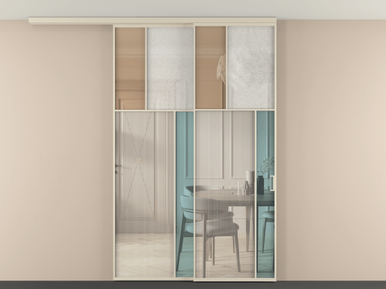 Алюминевая перегородка vdt2_2 Алюминий бежево-серый Четыре стекла. Цвет Алюминий бежево-серый. Материал Алюминий в эмали. Коллекция Перегородка Mosaic вдоль стены на потолок 2 створки с синхронным механизмом. Картинка.