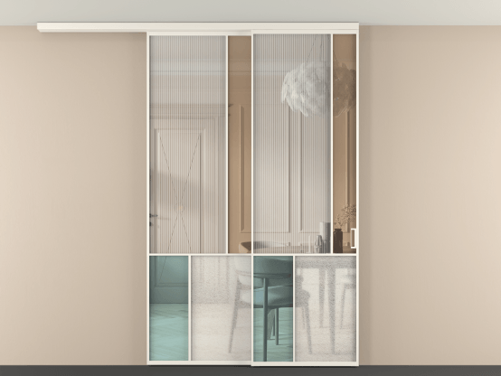 Алюминевая перегородка vdt2_1 Алюминий пудровый белый Четыре стекла. Цвет Алюминий пудровый белый. Материал Алюминий в эмали. Коллекция Перегородка Mosaic вдоль стены на потолок 2 створки с синхронным механизмом. Картинка.