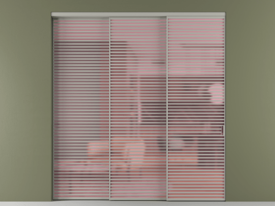 Алюминевая перегородка АЛПР 040.07_АНСР_САТ РОЗ_new. Цвет Алюминий нейтральный серый. Материал Алюминий в эмали. Коллекция Перегородка Formato внутри проёма 3 створки с синхронным механизмом. Картинка.