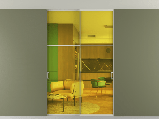 Алюминевая перегородка vn2_03 Алюминий тёплый серый Прозрачное жёлтое стекло, триплекс, 6мм. Цвет Алюминий тёплый серый. Материал Алюминий в эмали. Коллекция Перегородка Formato внутри проёма скрытое крепление в потолок 2 створки. Картинка.