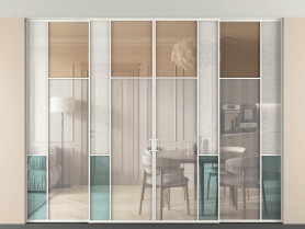 Алюминевая перегородка vntp4_5 Алюминий светло-серый Четыре стекла. Цвет Алюминий светло-серый. Материал Алюминий в эмали. Коллекция Перегородка Mosaic внутри проёма скрытое крепление в потолок 4 створки. Картинка.