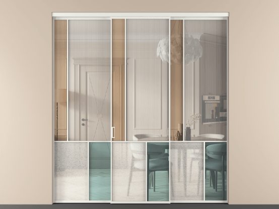 Алюминевая перегородка vn3_3 Алюминий светло-серый Четыре стекла. Цвет Алюминий светло-серый. Материал Алюминий в эмали. Коллекция Перегородка Mosaic внутри проёма 3 створки. Картинка.