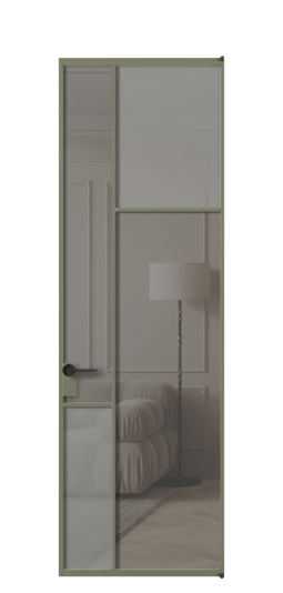 Дверь межкомнатная АЛПЛ041.11 АОТ Серый сатин матовое + Серый прозрачное. Цвет Алюминий оливковый тёмный. Материал Алюминий в эмали. Коллекция Мозаик. Картинка.