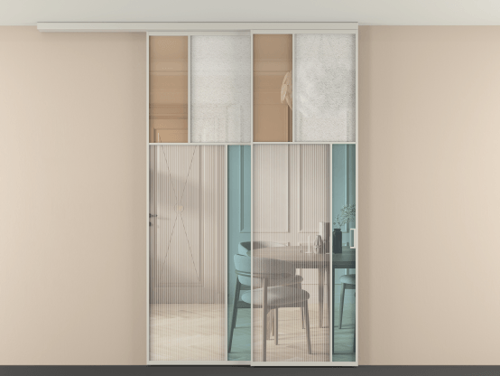 Алюминевая перегородка vdt2_2 Алюминий тёплый серый Четыре стекла. Цвет Алюминий тёплый серый. Материал Алюминий в эмали. Коллекция Перегородка Mosaic вдоль стены на потолок 2 створки с синхронным механизмом. Картинка.