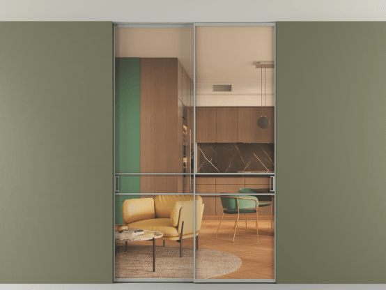 Алюминевая перегородка АЛПР 040.02_АНСР_ПРОЗ ОРАНЖ_new. Цвет Алюминий нейтральный серый. Материал Алюминий в эмали. Коллекция Перегородка Формато внутри проёма скрытое крепление в потолок 2 створки. Картинка.