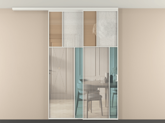 Алюминевая перегородка vdt2_2 Алюминий светло-серый Четыре стекла. Цвет Алюминий светло-серый. Материал Алюминий в эмали. Коллекция Перегородка Mosaic вдоль стены на потолок 2 створки с синхронным механизмом. Картинка.