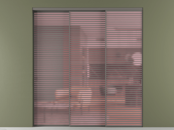 Алюминевая перегородка АЛПР 040.07_АКЛС_САТ РОЗ_new. Цвет Алюминий классический серый. Материал Алюминий в эмали. Коллекция Перегородка Formato внутри проёма 3 створки с синхронным механизмом. Картинка.