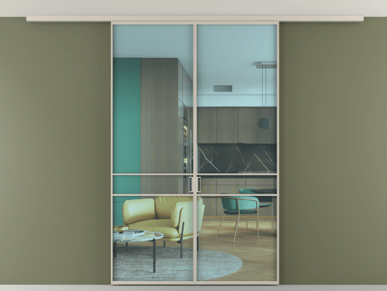 Алюминевая перегородка АЛПР 040.02_АСБЖ_ПРОЗ ГОЛ_new. Цвет Алюминий светло-бежевый. Материал Алюминий в эмали. Коллекция Перегородка Формато вдоль стены на потолок 2 створки. Картинка.