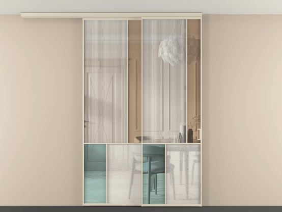 Алюминевая перегородка vdt2_1 Алюминий бежево-серый Четыре стекла. Цвет Алюминий бежево-серый. Материал Алюминий в эмали. Коллекция Перегородка Mosaic вдоль стены на потолок 2 створки с синхронным механизмом. Картинка.